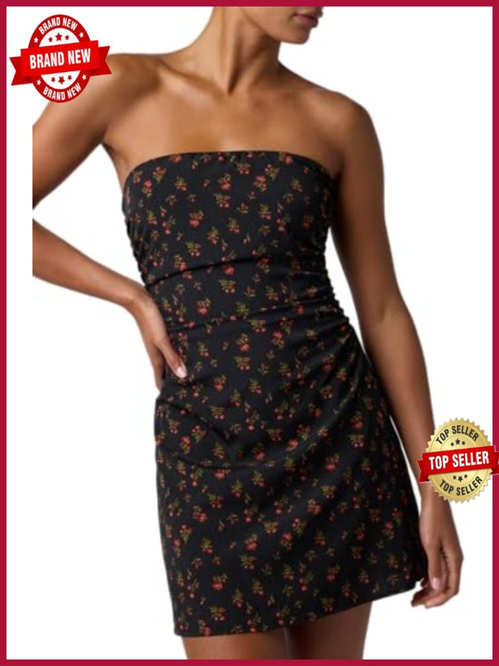 Strapless Floral Mini Dress Ruched Fitted Party Bodycon